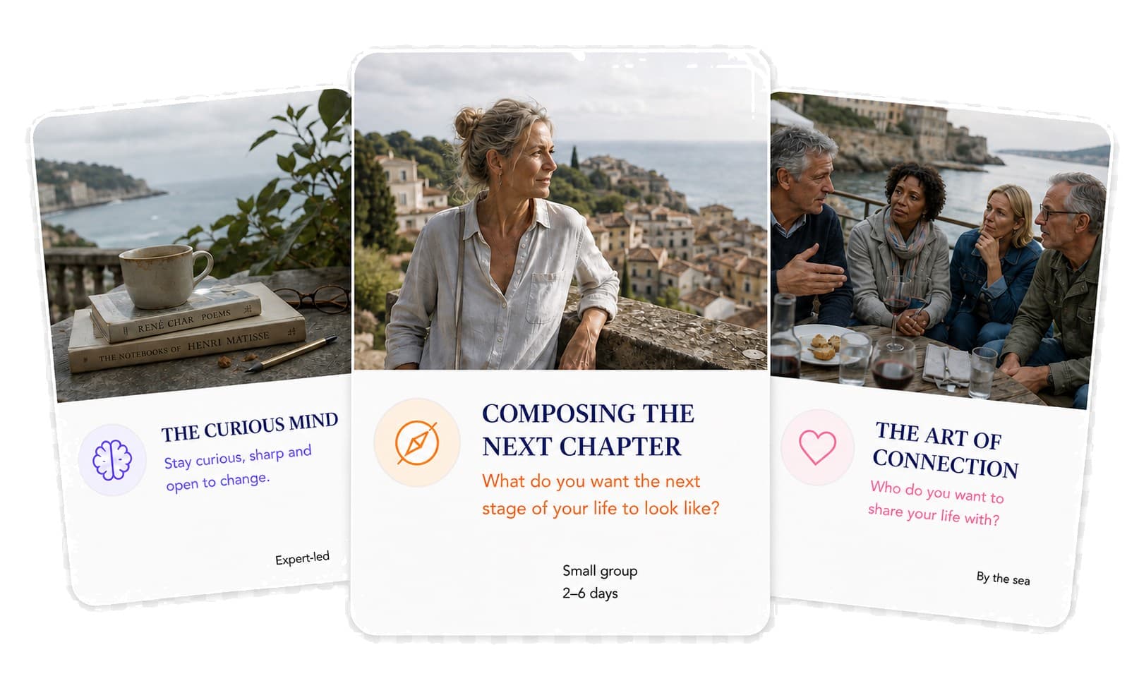 Retreat topic cards: The Curious Mind, Composing the Next Chapter, The Art of Connection