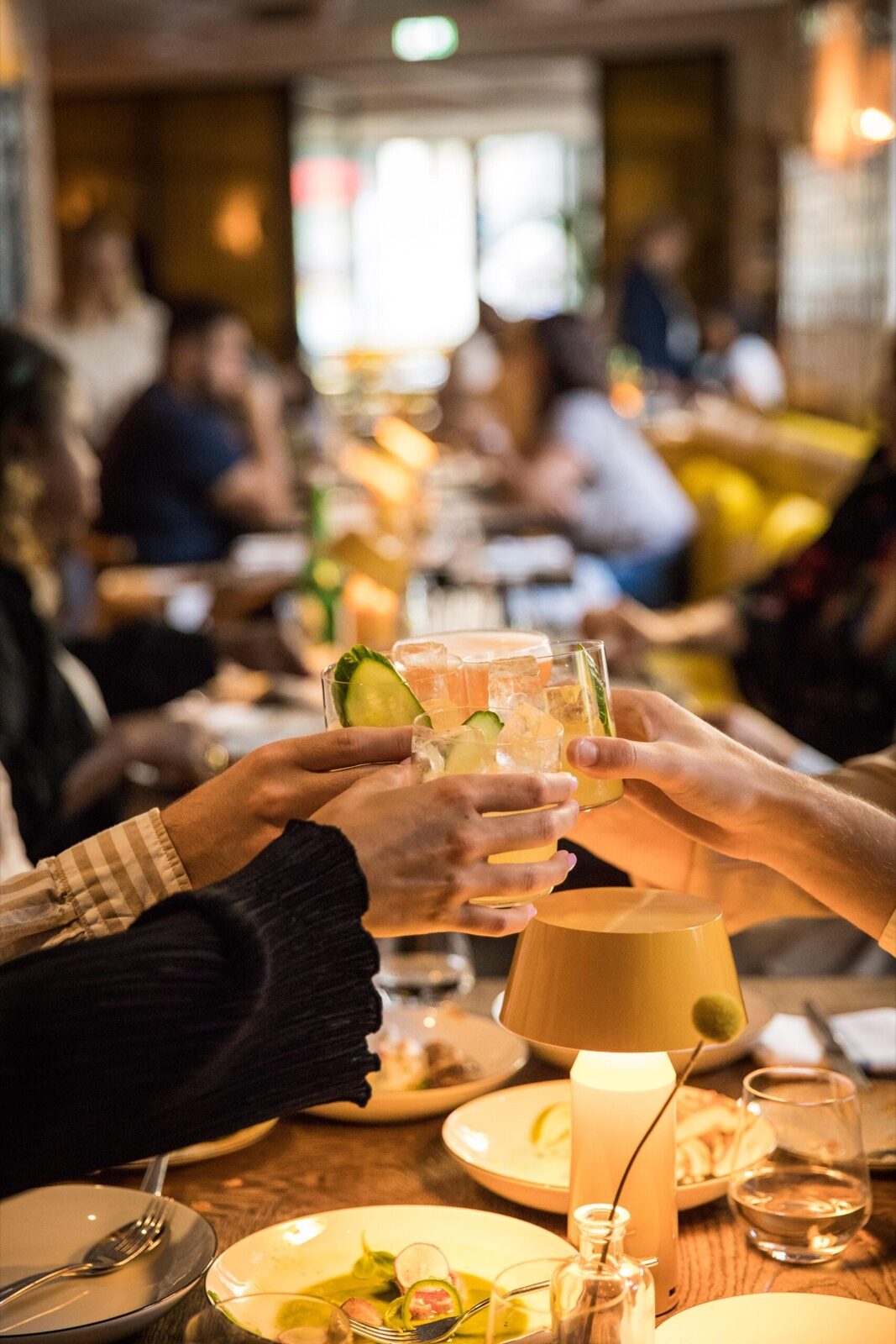 Friends raising cocktails over dinner in Amsterdam