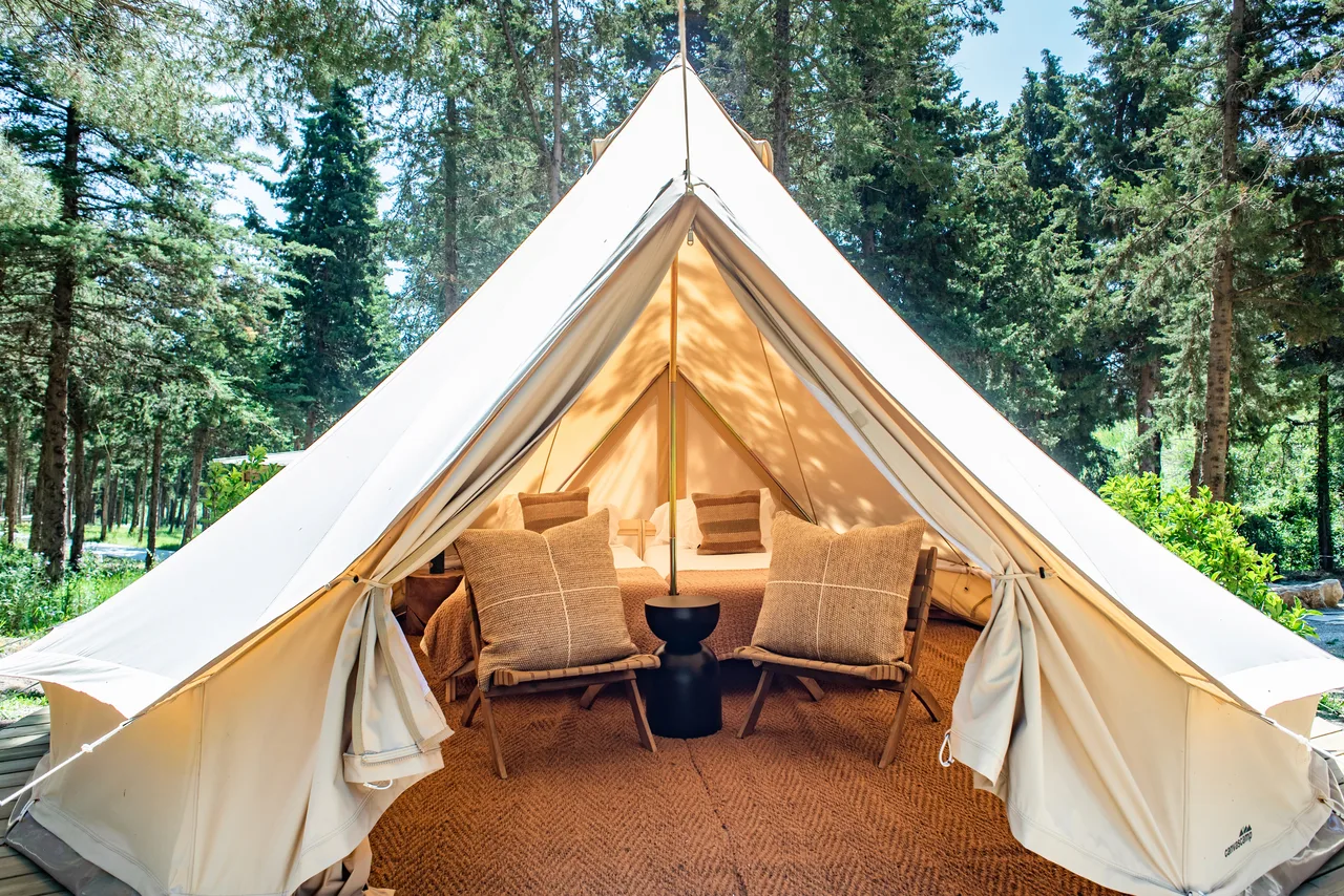 A comfortable canvas suite surrounded by pine forest